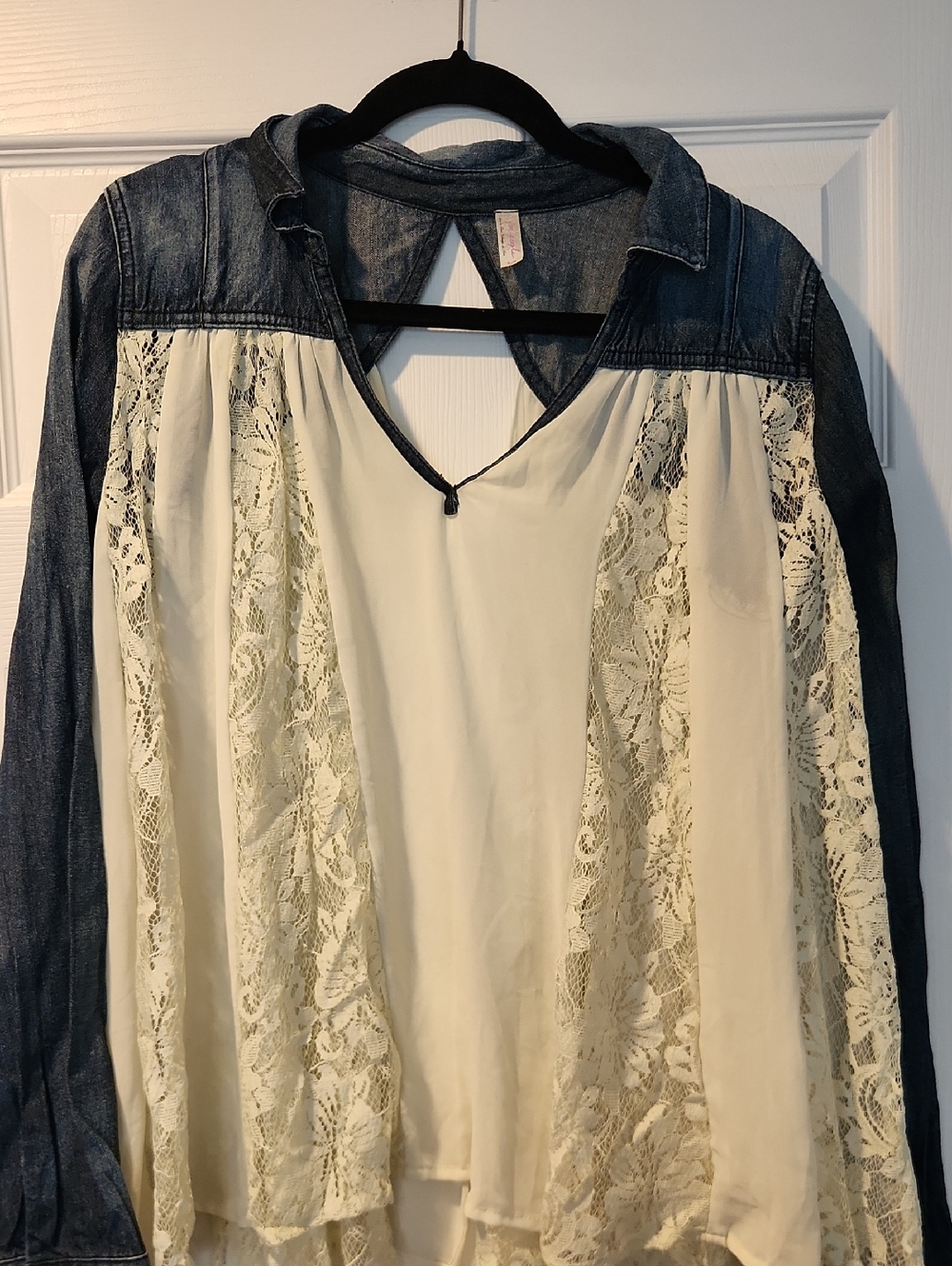 Free People Ivory Lace & Denim Trim Tunic